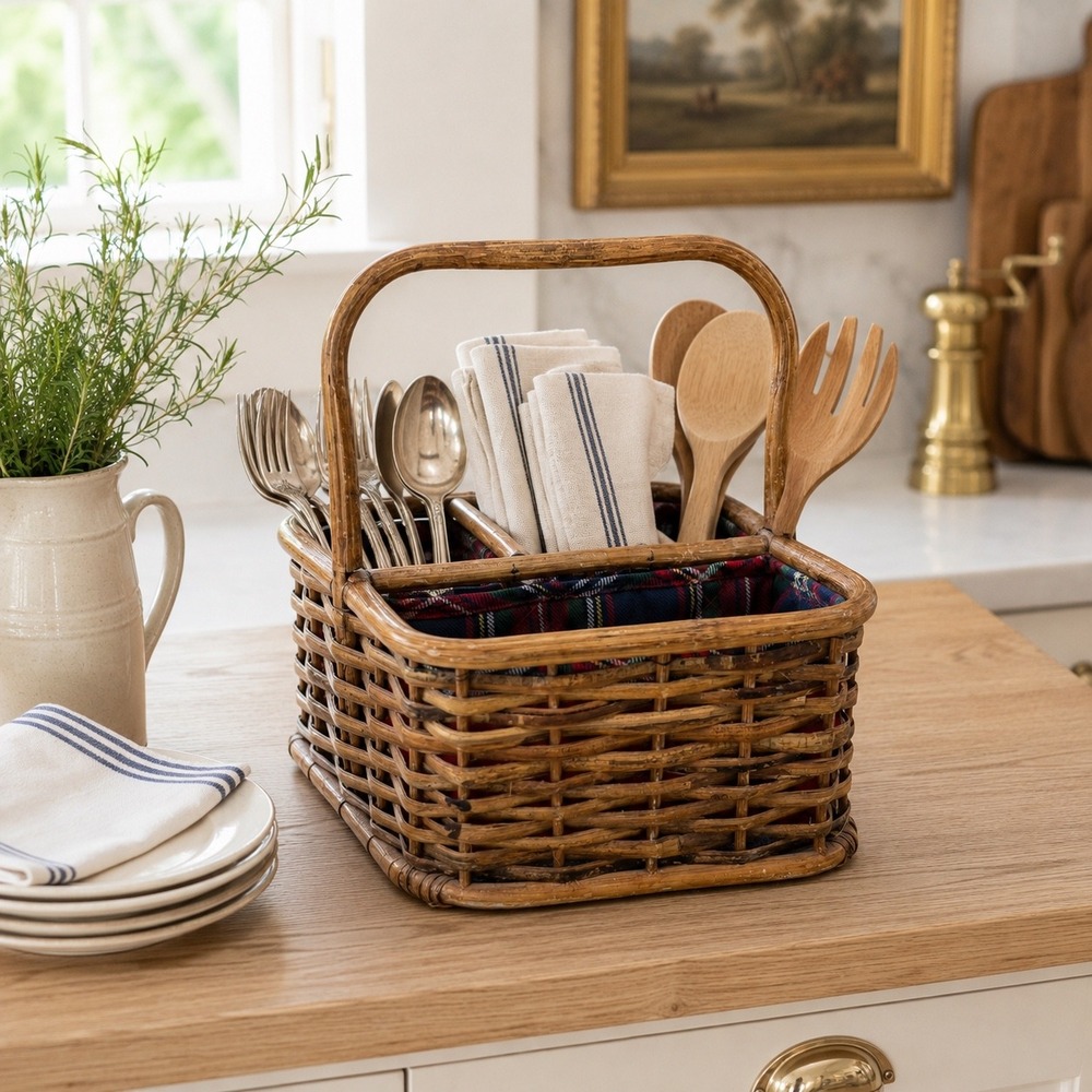 Vintage Wicker Flatware Caddy Tartan Lined Utensil Holder English Cottage Decor